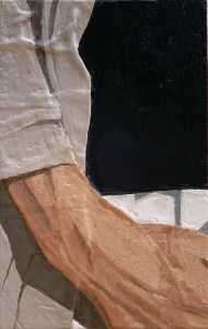 A Piece of Me #28, encaustic over collage on panel. 21 x 13.3 cm or 5 1/4 x 8 1/4 in.