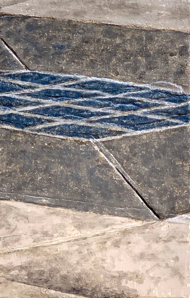 A Piece of Me #40, oil over collage on panel. 21 13.3 cm or 5 1/4 x 8 1/4 in.