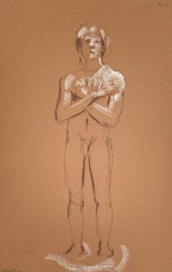 Fifteen minute figure study. Conte crayon highlighted with patel chalk on Canson paper. 30 x 50 cm.