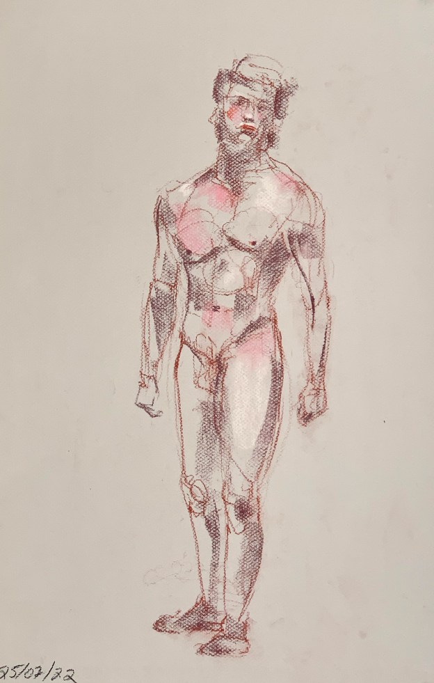 Fifteen minute figure study. Conte crayon highlighted with patel chalk on Canson paper. 30 x 50 cm