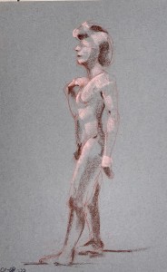 Fifteen minute pose. Conté crayon highlighted with pastel on Canson paper. 30 x 50 cm.