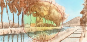 Bend in the Damme Vaart. Watercolour (Thalo Blue and Burnt Sienna) on cold pressed paper. 6" x 12"