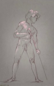 Fifteen minute study. Conté crayon tightened with pastel on tinted Canson paper. 32 x 50 cm.