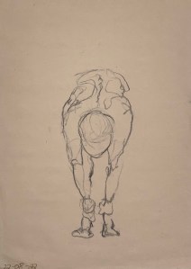 Three minute gesture study. Charcoal on tinted sketching paper. 35 x 50 cm.