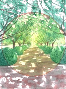 Arched garden walkway De Lovie. Watercolour on hot pressed paper. Alizarine Crimson and Forest Green. 9" x 12' or 23 x 30 cm.