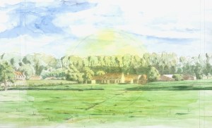 Farm on the Damse Vaart. Watercolour on hot pressed paper. 30 cm x 60 cm. 2023