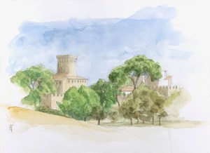 Benisanó, view of the Castle from the west, late afternoon light. Watercolor on hot pressed paper. 9 x 12" or  23 x 30.5 cm. September 2023.