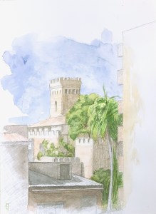 Benisanó, view of the Castle from the terrace, noon. Watercolor on hot pressed paper. 9 x 12" or  23 x 30.5 cm. September 2023.
