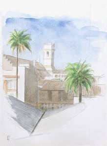 Benisanó, view of the Catholic church, morning light. Watercolor on hot pressed paper. 9 x 12" or  23 x 30.5 cm. September 2023.