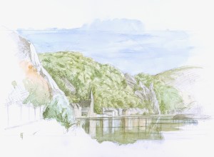 Watercolour from Dinant looking south. October 2023. 23 x 31 cm or 9 x 12" on hot pressed paper.