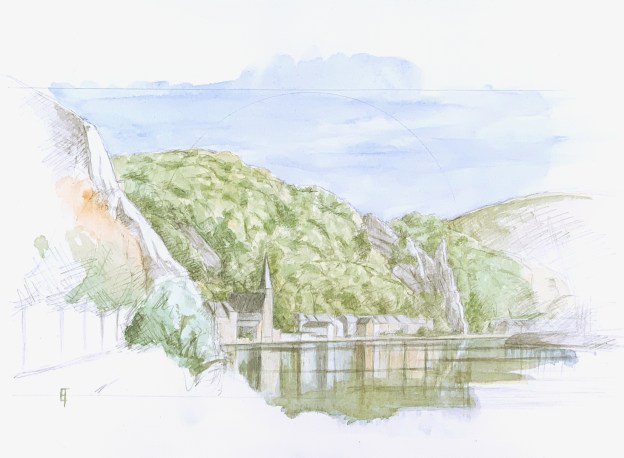 Watercolour from Dinant looking south. October 2023. 23 x 31 cm or 9 x 12" on hot pressed paper.