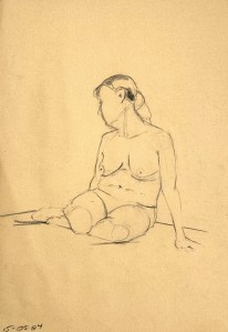 Fifteen minute figure study. Charcoal pencil on toned recycling paper. 35 x 50 cm