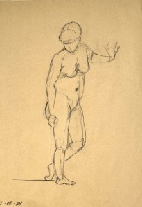 Fifteen minute figure study. Charcoal pencil on toned recycling paper. 35 x 50 cm