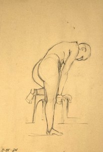 Fifteen minute figure study. Charcoal pencil on toned recycling paper. 35 x 50 cm