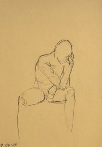 Fifteen minute figure study. Charcoal pencil on toned recycling paper. 35 x 50 cm