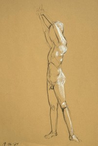 Fifteen minute figure study. Charcoal pencil on toned recycling paper. 35 x 50 cm