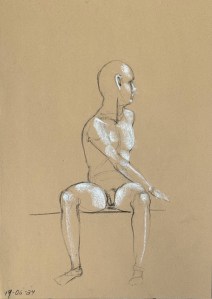 Fifteen minute figure study. Charcoal pencil on toned recycling paper. 35 x 50 cm