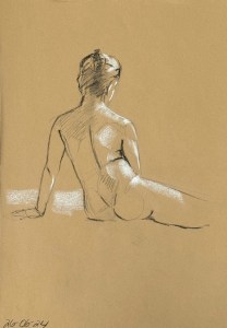Fifteen minute figure study. Charcoal pencil on toned recycling paper. 35 x 50 cm