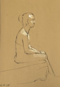Fifteen minute figure study. Charcoal pencil on toned recycling paper. 35 x 50 cm
