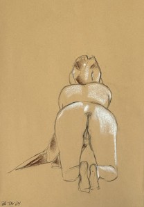 Fifteen minute figure study. Charcoal pencil on toned recycling paper. 35 x 50 cm