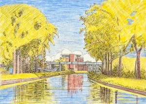 Aan de jacht haven Brugge/ the marina in Bruges. Underdrawing and underpainting on panel, touched up by India ink. 9" x 12" or 23 x 30 cm.