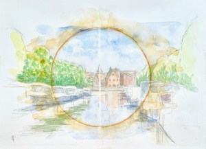 Conzettbrug, midday, looking south. 9 x 12" or 23 x 32 cm watercolor on hot pressed paper.