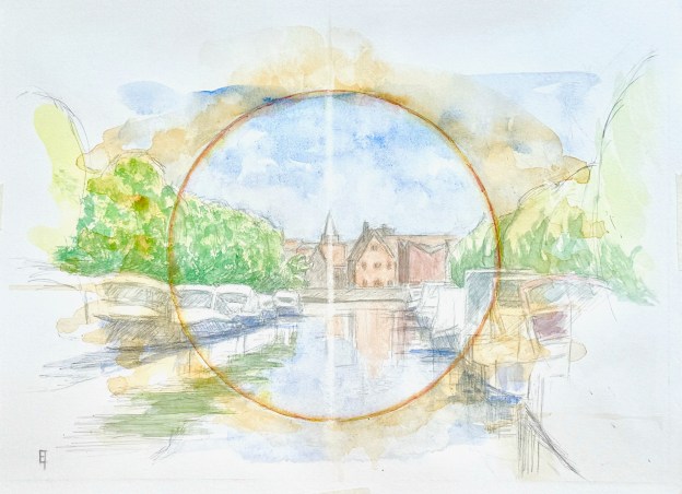 Conzettbrug, midday, looking south. 9 x 12" or 23 x 32 cm watercolor on hot pressed paper.