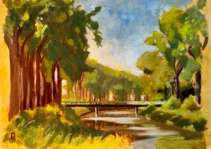 de groene brug over de Stinker naast het oude sifon, Olie op paneel, august 2024, 23 x 32 cm or 9" x 12"