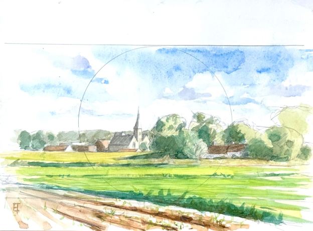 Watercolor of Koolkerke, Belgium. 23 x 31 cm or 9" x 12".