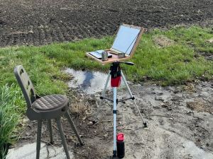 Pochade box for watercolors attached to a camera tripod.