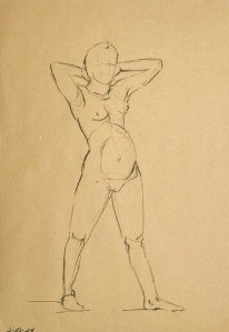 Fifteen minute figure study. Charcoal pencil on toned recycling paper. 35 x 50 cm