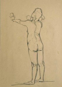 Fifteen minute figure study. Charcoal pencil on toned recycling paper. 35 x 50 cm