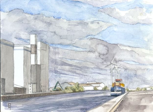 Midday light at the Bruges Harbor. August 17, 2025. Watercolor on hot pressed paper. 23 x 32 cm or 9 x 12.5 "