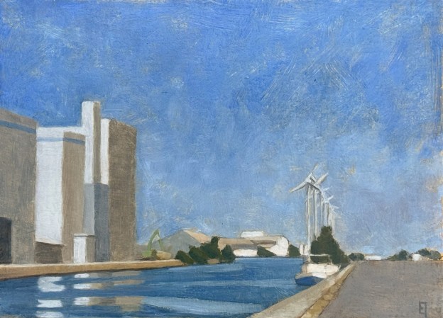 Midday light on the Bruges harbor. Oil on panel. 23 x 32 cm or 9 x 12.5" August 2025.