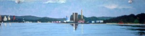 New Haven harbor from Lighthouse Park. 1979. Oil on panel. 6 x 15"