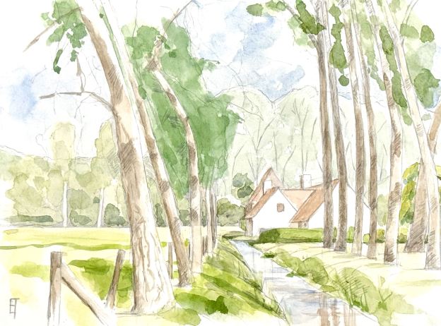 Paarden Hoeve naast Fort van Beieren. Watercolor on hot pressed paper. 23 x 31 cm or 9 x 12"