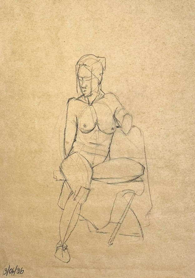 03-06-26 Figure Drawing. Charcoal pencil on recycled paper. 35 x 50 cm.