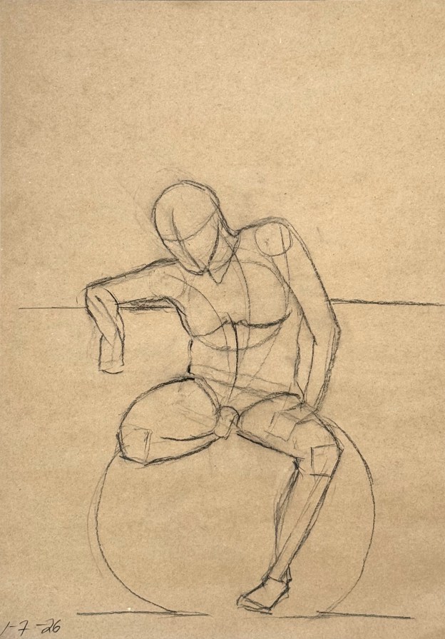 Figure Drawing Brugge, July 1, 2026 Carbond pencil on recycled toned paper 35 x 50 cm