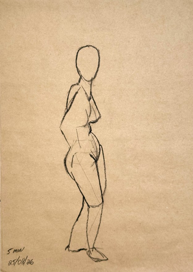 5 minute Figure Drawing 26/08, 2026. 35 x 50 cm charcoal on recycled paper.